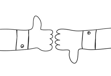 two outline cartoon hands showing thumb up and thumb down. Positive and negative feedback good bad gestures like unlike two side of choice. Outline vector illustration isolated on white backgroundのイラスト素材