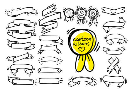 Collection of ribbons drawing in cartoon style. Vector set in minimalist black and white color. Use as banner poster emblem. Editable paint with different colors and place inside text. Hand draw.のイラスト素材