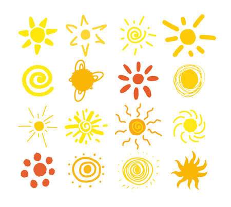 Cute set of abstract sun icon in different variation. Hand draw illustration with use of circle line and curl. Yellow-orange color scheme. Vector isolated symbol logo template sign tag badgeのイラスト素材