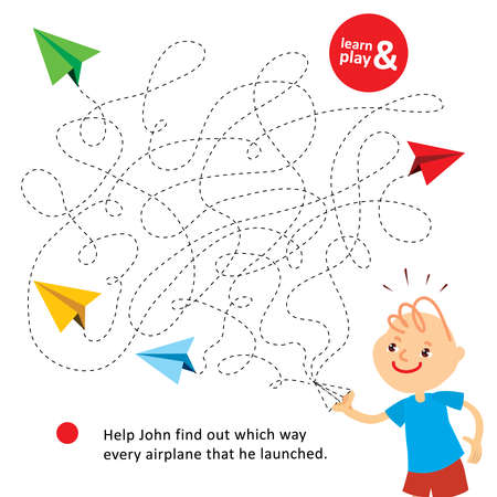 Entertaining challenge game for children. Help John find which way every paper airplane that he launched. Logic maze for kid and parent. Learn and play. Vector isolated. Hand draw illustration.のイラスト素材