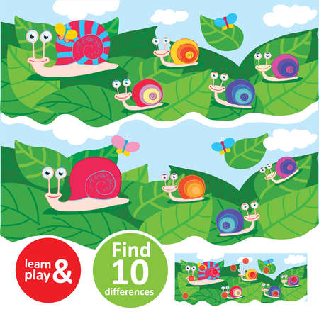 Snail family walking on leaves. Learn and play task for kids. Find ten differences. Concentration and attention training. Used in childrens educational games preschool books magazines Vector isolatedのイラスト素材