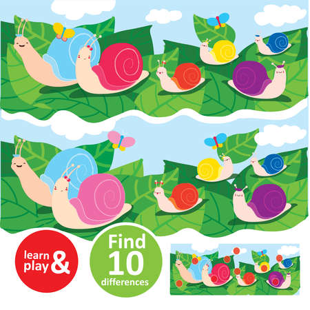 Snail family walking on leaves. Learn and play task for kids. Find ten differences. Concentration and attention training. Used in childrens educational games preschool books magazines Vector isolatedのイラスト素材