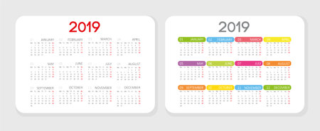 vertical Concise stylish pocket calendar concept 2019. Two options are presented. First option in strict classical style second with color emphasis on names of month. for wall pocket desktop calendarのイラスト素材