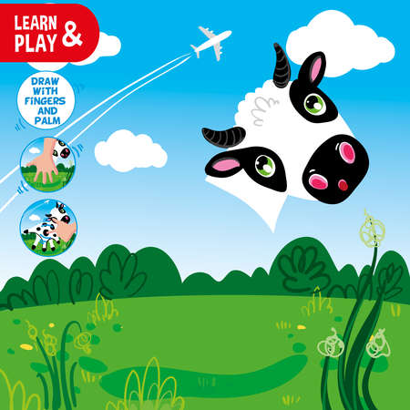Development educational game for kids. Use your fingers and palm to finish painting cow. Look at clues and draw missing element. Vector hand draw illustration task. Learn and play.のイラスト素材
