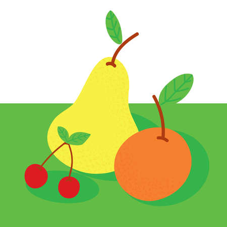 Food Pear Cherry Apricot Kid Graphic Illustration. Tasty Fresh Juicy Ripe Berry and Fruit with Leaf. Hello Vitamin Summer Time. Simple Colorful Artwork Background. Flat Cartoon Vector Drawingのイラスト素材