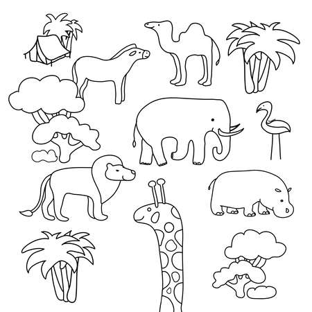 Collection of African animals in a contour flat line art. Zebra camel elephant lion flamingo hippo and giraffe. Use as illustration for coloring book. Vector linear isolated hand draw illustrationのイラスト素材