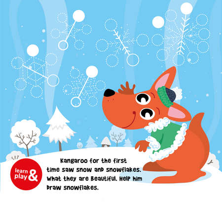 kangaroo. Entertaining task for children to train logic, drawing and motor skills of hands. Learn and play. Help little kangaroo catch all snowflakes. Use pen to connect all dots. Vector isolatedのイラスト素材