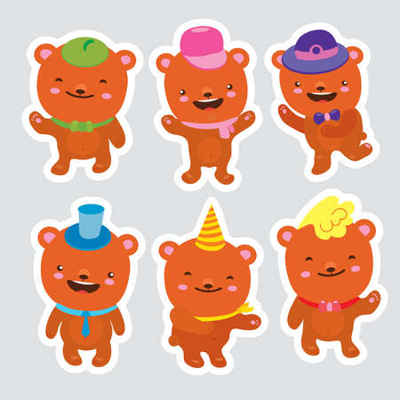 Set of bears. funny cartoon dancing bears in hats and ties. Vector isolated collection of happy emotions. Hand draw illustration. Use as sticker emoticon icon poster print postcard mascot badge.のイラスト素材