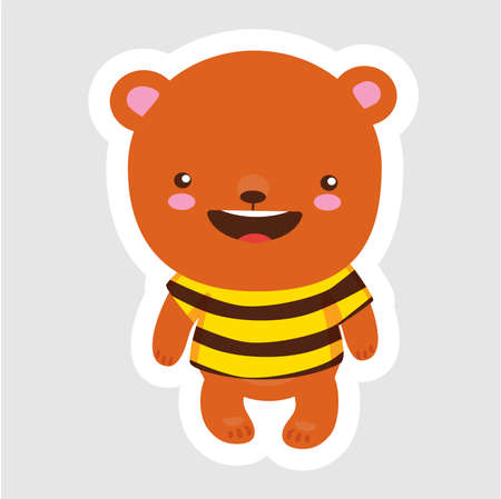 Cute little bear in cartoon style wearing bee t-shirt on gray background. Use as symbol icon emblem mascot badge sticker character cartoon emoticon pattern toy. Vector isolated illustration. Hand drawのイラスト素材
