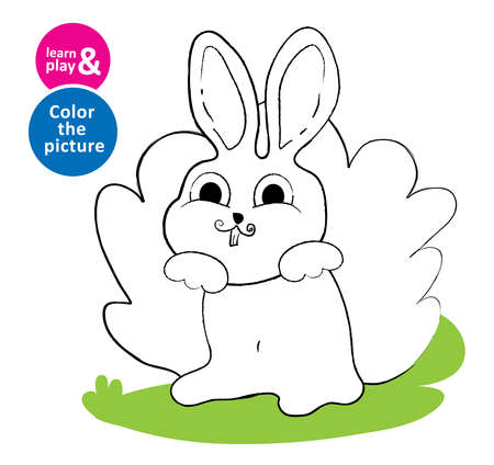 Exercise to develop color perception and drawing skills for children. Happy little bunny sitting in bush. Learn and play together in kindergarten or home. Vector isolated illustration. Hand drawのイラスト素材