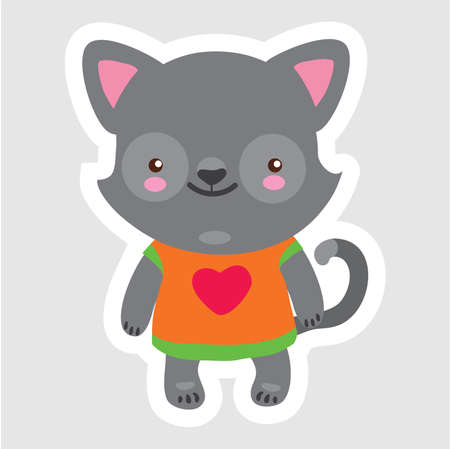 Doodle little wolf in cartoon style wearing t-shirt with heart on gray background. Use as symbol icon emblem badge sticker character cartoon emoticon pattern toy Vector isolated illustration Hand drawのイラスト素材