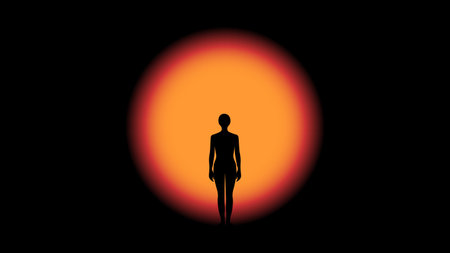 Abstract vector illustration of a human standing in front of mysterious light on the threshold of...