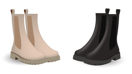 Chelsea boots of two colors: beige and black. Light color chelsea, black chelsea. Caplsule wardrobe 2021 vector design.のイラスト素材