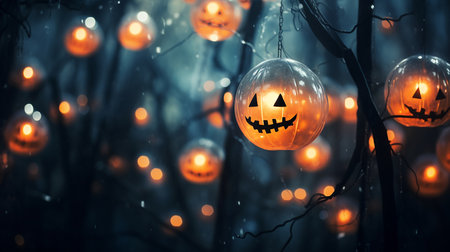 Pumpkin Patch Magic: Enchanting Halloween Bokeh with Flickering Shadows and Orange Hues. AI-Generated imagesの素材