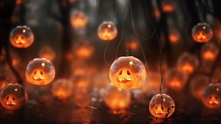 Pumpkin Patch Magic: Enchanting Halloween Bokeh with Flickering Shadows and Orange Hues. AI-Generated imagesの素材