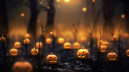 Pumpkin Patch Magic: Enchanting Halloween Bokeh with Flickering Shadows and Orange Hues. AI-Generated imagesの素材