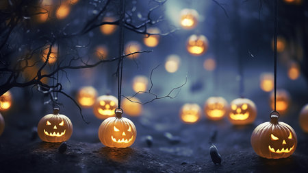 Pumpkin Patch Magic: Enchanting Halloween Bokeh with Flickering Shadows and Orange Hues. AI-Generated imagesの素材