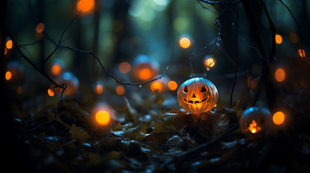 Pumpkin Patch Magic: Enchanting Halloween Bokeh with Flickering Shadows and Orange Hues. AI-Generated imagesの素材