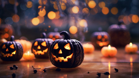 Pumpkin Patch Magic: Enchanting Halloween Bokeh with Flickering Shadows and Orange Hues. AI-Generated imagesの素材