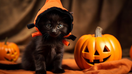 Cute Kitty in Halloween Costume. Boo-tiful Whiskers: Halloween-Clad Kitten. AI-Generated imagesの素材