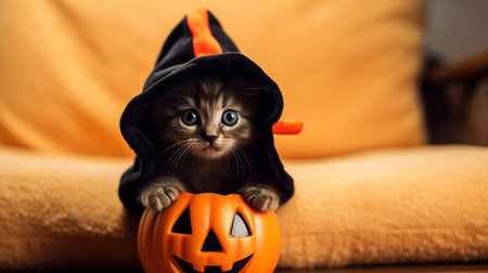 Cute Kitty in Halloween Costume. Boo-tiful Whiskers: Halloween-Clad Kitten. AI-Generated imagesの素材