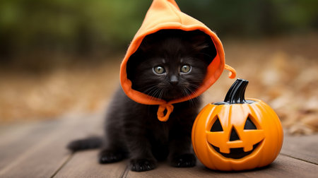 Cute Kitty in Halloween Costume. Boo-tiful Whiskers: Halloween-Clad Kitten. AI-Generated imagesの素材