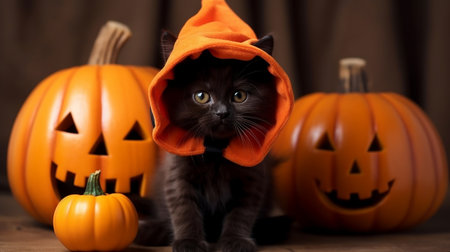 Cute Kitty in Halloween Costume. Boo-tiful Whiskers: Halloween-Clad Kitten. AI-Generated imagesの素材