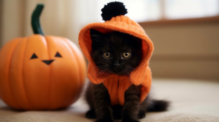 Cute Kitty in Halloween Costume. Boo-tiful Whiskers: Halloween-Clad Kitten. AI-Generated imagesの素材