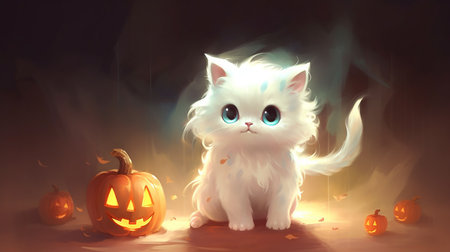 Purrfect Halloween Duo: Kitten and Pumpkin. AI-Generated imagesの素材