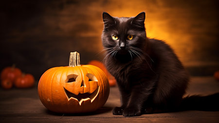 Purrfect Halloween Duo: Kitten and Pumpkin. AI-Generated imagesの素材