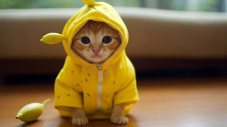 Cute kitten in a banana costume. Banana-Styled Kitten: Adorable Fruit Feline. AI-Generated imagesの素材