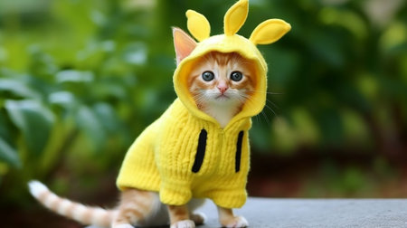 Cute kitten in a banana costume. Banana-Styled Kitten: Adorable Fruit Feline. AI-Generated imagesの素材