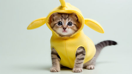 Cute kitten in a banana costume. Banana-Styled Kitten: Adorable Fruit Feline. AI-Generated imagesの素材