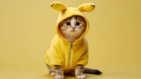 Cute kitten in a banana costume. Banana-Styled Kitten: Adorable Fruit Feline. AI-Generated imagesの素材