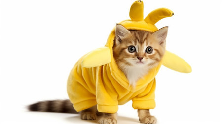 Cute kitten in a banana costume. Banana-Styled Kitten: Adorable Fruit Feline. AI-Generated imagesの素材