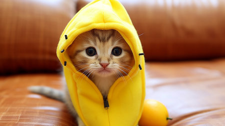 Cute kitten in a banana costume. Banana-Styled Kitten: Adorable Fruit Feline. AI-Generated imagesの素材