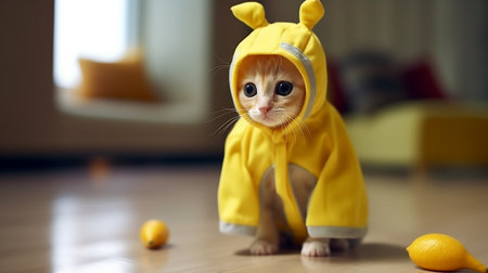 Tiny adorable kitten dressed in a yellow costume with a hood and ears. The Yellow Hooded Cutie: A Kitten in Fashionable Attire. AI-Generated imagesの素材