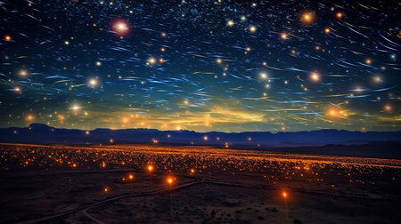 A mesmerizing picture depicting an expanse of photons and micro-particles in motion, traversing through the cosmic realm against a backdrop of a shimmering starlit sky. AI-Generateの素材