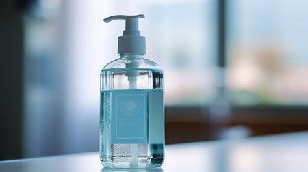 A bottle of hand sanitizer gel, its clear and germ-fighting formula promising cleanliness, hygiene and safeguarding against germs. AI-Generated imagesの素材