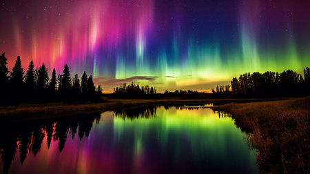 The ethereal beauty of the Northern Lights, with vibrant ribbons of dancing colors illuminating the night sky in a mesmerizing display of nature's splendor. AI-Generated imagesの素材