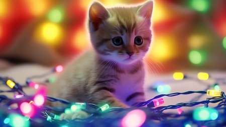 A curious kitten mesmerized by the colorful glow of light bulbs on a garland. AI-Generated imagesの素材