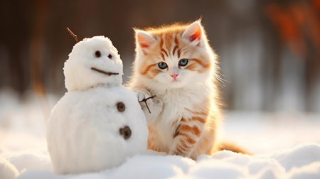 A kitten enthusiastically creating a snowman. AI-Generated imagesの素材