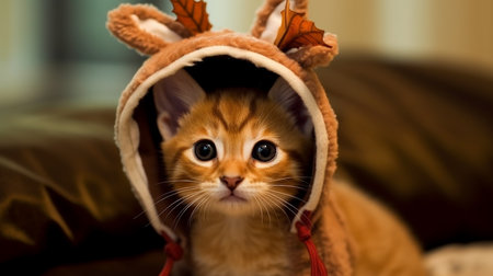 A heartwarming picture depicting a kitten adorned in a reindeer outfit. AI-Generated imagesの素材