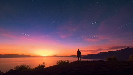 A person gazing up at the starry sky, lost in contemplation of the vast celestial expanse above. AI-Generated imagesの素材