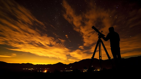 A person immersed in stargazing through a telescope, their silhouette against a vibrant sunset backdrop. AI-Generated imagesの素材