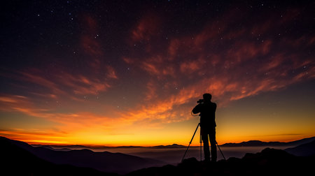 A person immersed in stargazing through a telescope, their silhouette against a vibrant sunset backdrop. AI-Generated imagesの素材