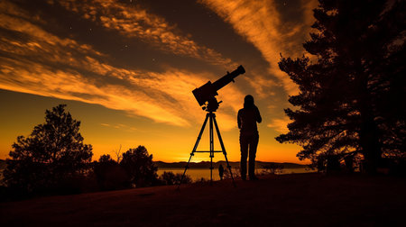 A person immersed in stargazing through a telescope, their silhouette against a vibrant sunset backdrop. AI-Generated imagesの素材
