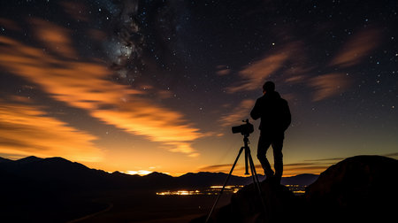 A person immersed in stargazing through a telescope, their silhouette against a vibrant sunset backdrop. AI-Generated imagesの素材