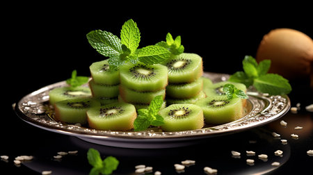 Slices of kiwi with mint on a black backgroundの素材