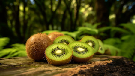 Kiwi fruit on the wood in the tropical forest. Selective focusの素材
